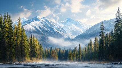 Landscape view of dense forest around lake with large mountains in the distance