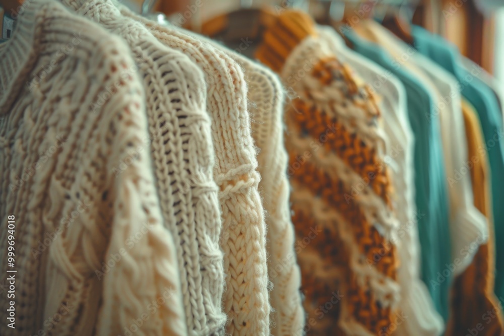 Poster row of sweaters hung on a rack for display or storage
