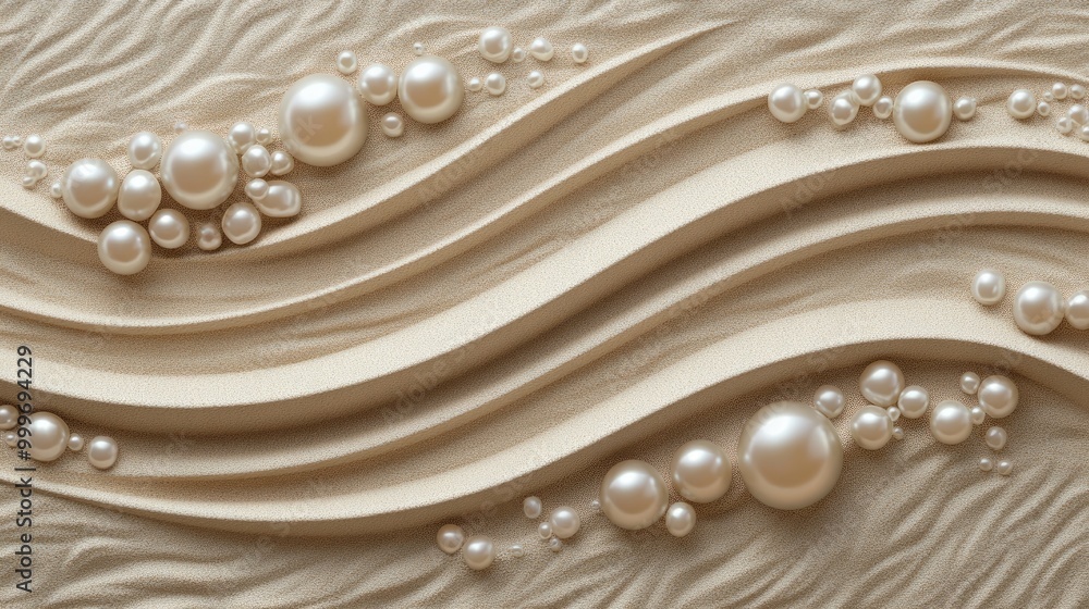 Poster stunning swirling pearls form intricate trails on a sand background, creating a mesmerizing abstract