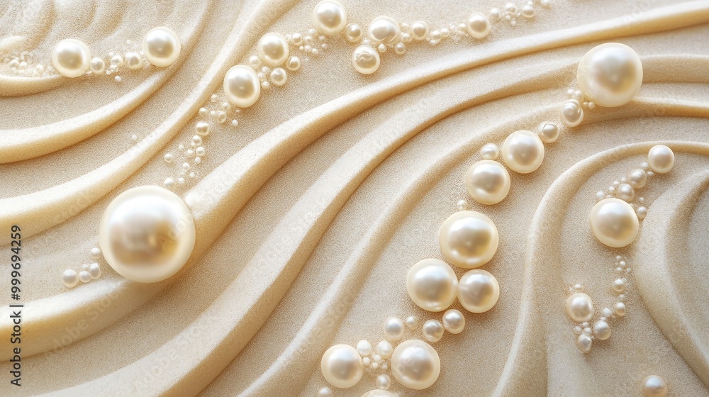 Poster stunning swirling pearls form intricate trails on a sand background, creating a mesmerizing abstract