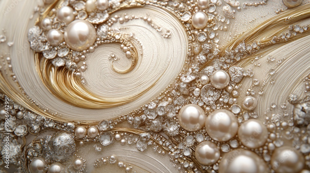 Poster stunning swirling pearls form intricate trails over a jewelry pattern backdrop, creating a mesmerizi
