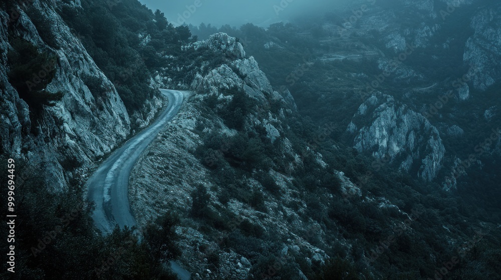 Poster A winding road through rocky terrain shrouded in mist, evoking a sense of adventure.