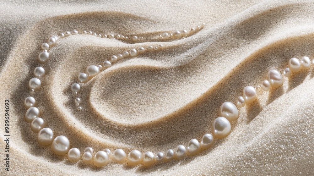 Poster swirling trails of beautiful pearls create a captivating abstract design on soft sand, forming an el