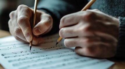 Close up of hands writing musical notes on sheet music with pencils.