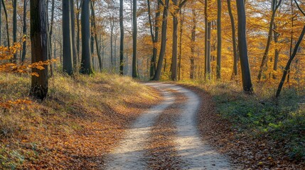 Obraz premium A winding path through a serene autumn forest with vibrant foliage.