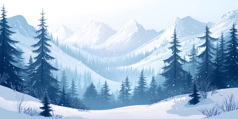Fototapeta premium Winter Wonderland with Snow-Covered Trees and Mountain View
