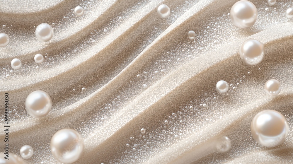 Poster swirling trails of shimmering pearls create an intricate abstract pattern on soft sand, evoking eleg