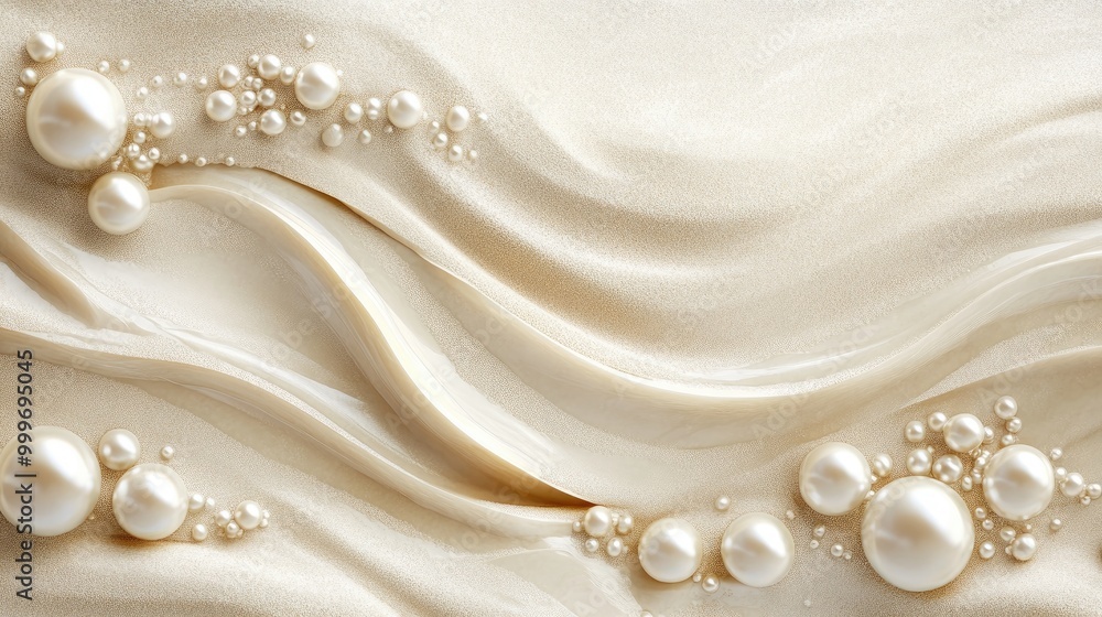 Poster swirling trails of shimmering pearls create an intricate abstract pattern on soft sand, evoking eleg