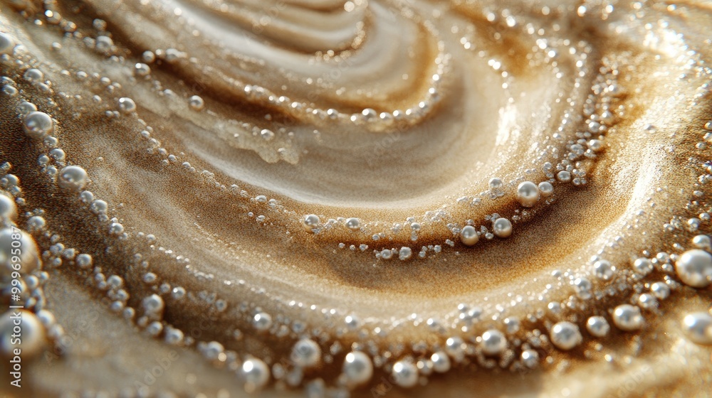 Poster swirling trails of shimmering pearls create an intricate abstract pattern on soft sand, evoking eleg