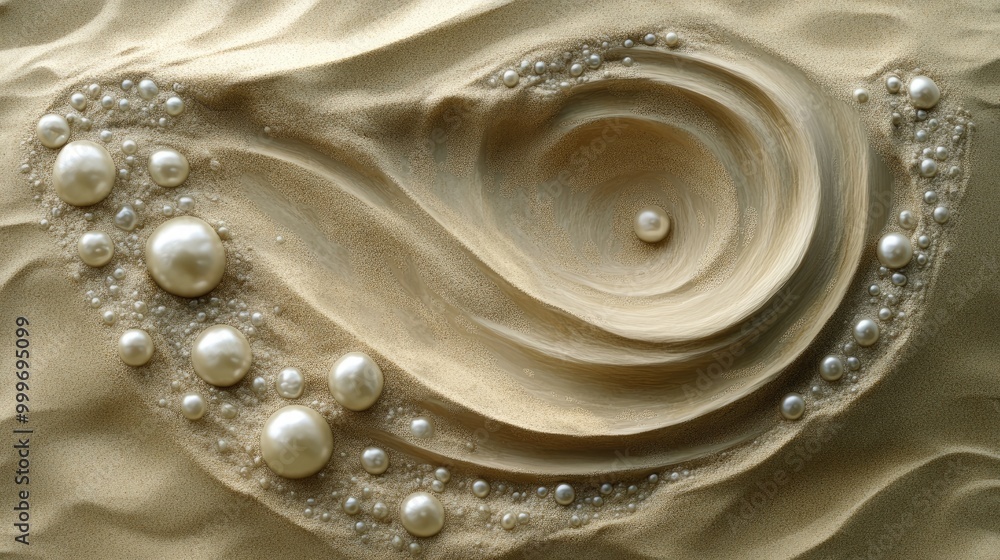 Poster swirling trails of shimmering pearls create an intricate abstract pattern on soft sand, evoking eleg