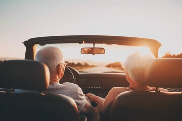 Fototapeta premium An elderly couple enjoys a scenic drive in a convertible at sunset, symbolizing freedom, companionship, and the joy of life's later years.