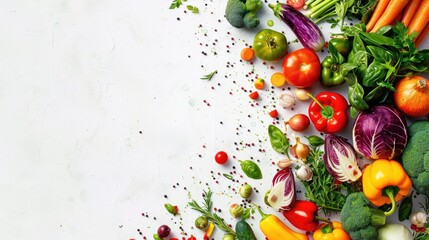 A selection of colorful vegetables and herbs arranged on a clean white surface