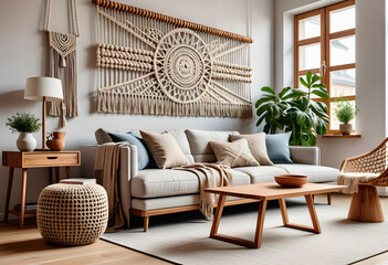 Living room interior in boho eco style with decorative elements and wonderful view