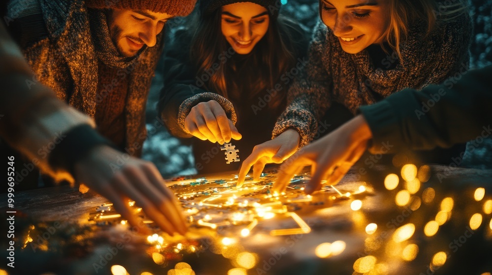 Poster Friends enjoying a festive activity with glowing lights and decorations.