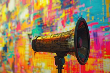 A speaker on a tripod standing in front of a colorful wall, perfect for presentations or public speaking events