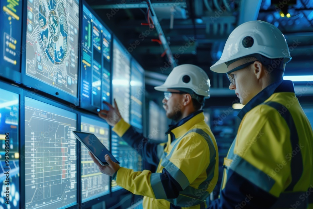 Poster two construction workers reviewing a large screen display, possibly monitoring a building or infrast