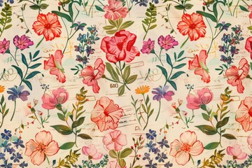 A beautiful floral pattern with various flowers and leaves on a white background, ideal for use in designs and artworks