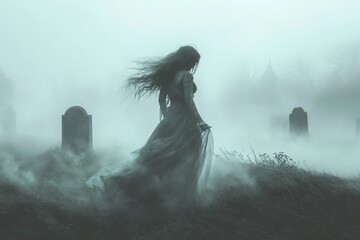 Mysterious silhouette of a woman in a misty graveyard at dawn, creating an eerie and atmospheric scene.