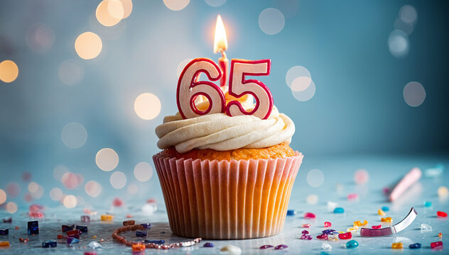 Birthday cupcake with burning lit candle with number 65. Number sixty-five for sixty-five years or sixty-fifth anniversary.