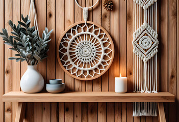 Living room interior in eco style with boho decorative elements