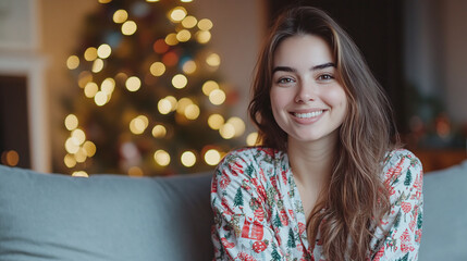 Attractive young woman in pajamas with New Year print sitting on sofa near Christmas tree in cozy atmosphere