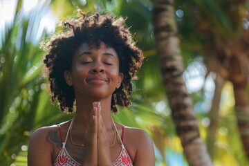 A woman practices yoga outdoors while wearing a red and white bikini, a short description with advice for usage