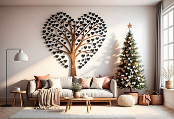 Modern living room interior with Christmas tree and sofa. 3D Rendering. AI generated