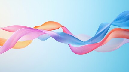 Dynamic swirling ribbons in pink, blue, and orange create flowing motion on a light blue abstract background. No people.