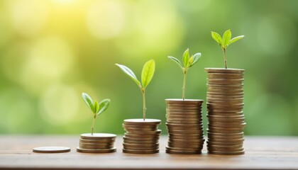  Growing wealth  A seedling sprouts from a stack of coins