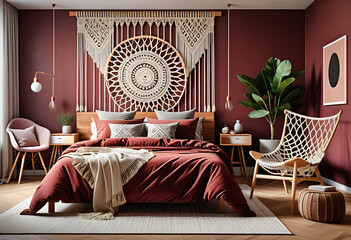 Bedroom interior in boho eco style with decorative elements
