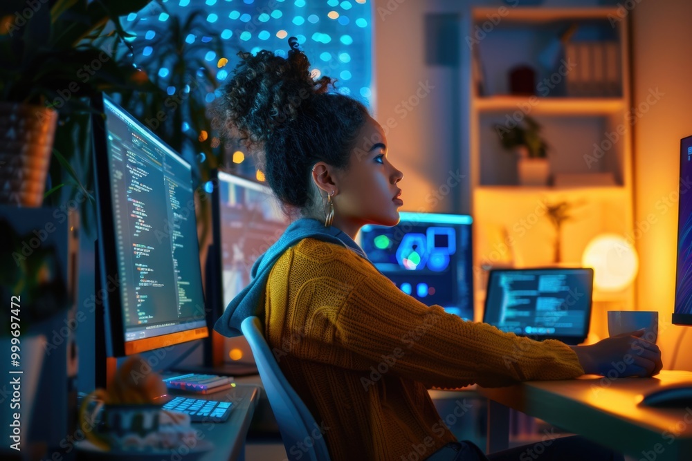 Poster a person sitting in front of a computer screen with a focused expression