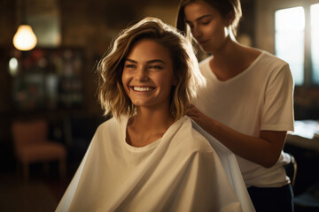 Obraz premium A woman is having her hair cut beautifully by a professional