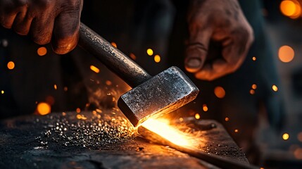 Close-up of a blacksmith hammering hot metal with sparks flying.