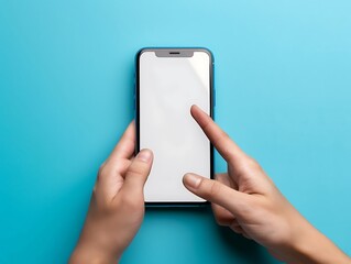 top view of woman using smartphone on blue background