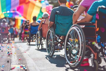 Obraz premium Group of individuals using wheelchairs navigating a city street, highlighting accessibility and inclusion