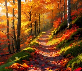 Autumn Pathway Through Vibrant Colorful Forest