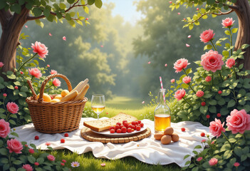 Serene Picnic Scene in a Blooming Garden, Celebrating International Women’s Day 8 March