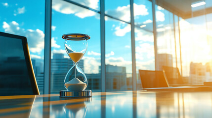 An hourglass sits on an office desk, reminding one of the time limits for completing tasks
