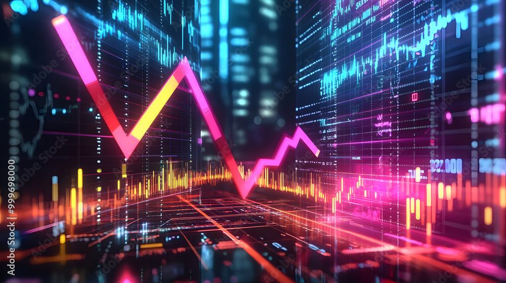 Poster upward trending arrow and financial data displayed on digital screen.