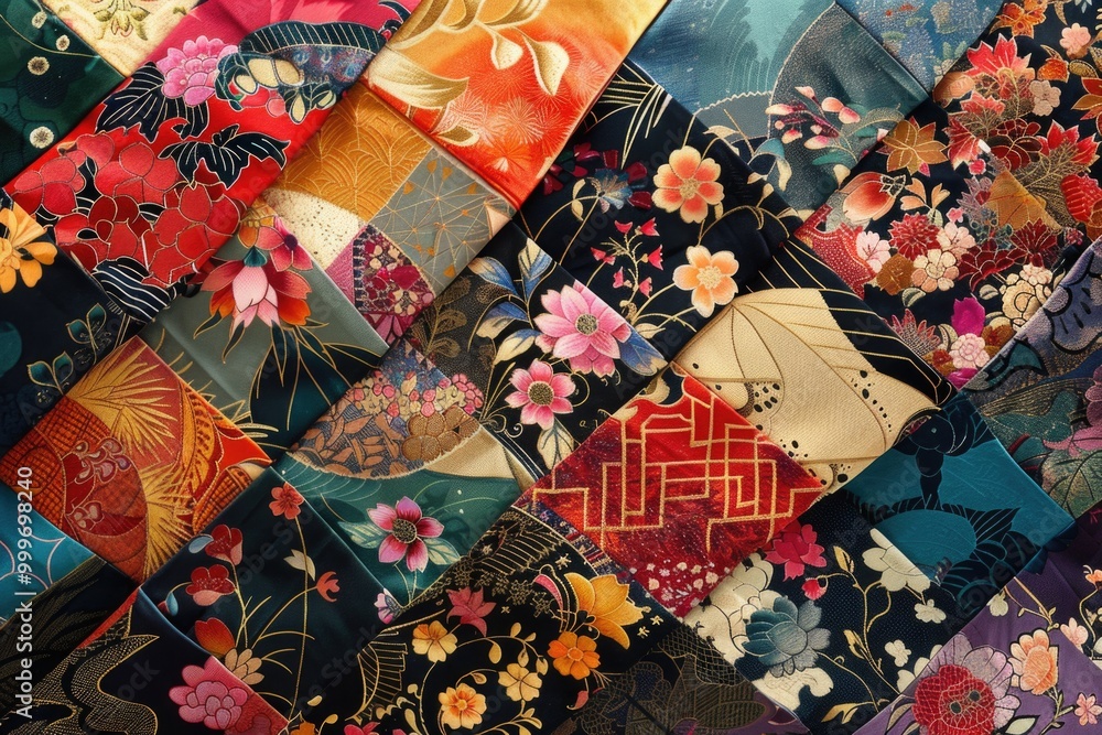 Poster a close-up view of a quilt featuring various design elements