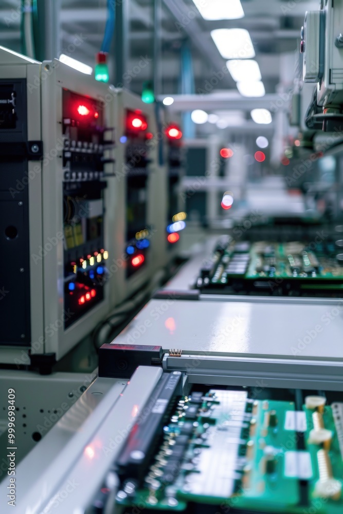 Poster industrial setting with machinery and electronics production line in operation