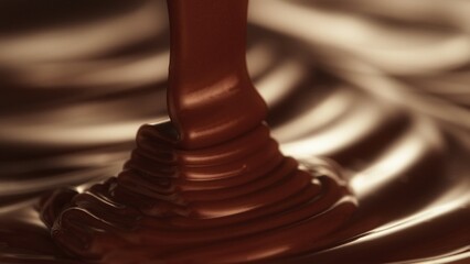 Macro Shot of Pouring Hot Melted Chocolate in Close-up.