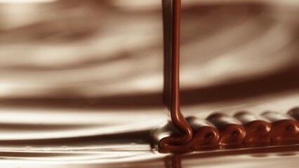 Macro Shot of Pouring Hot Melted Chocolate in Close-up.