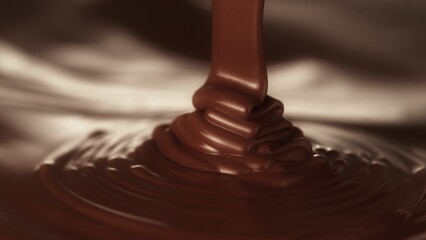 Macro Shot of Pouring Hot Melted Chocolate in Close-up.