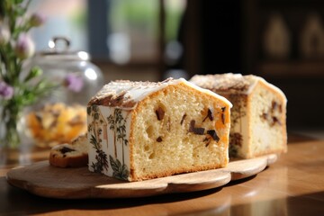 Tea Cake Slices: Highlight slices of tea cake with floral decorations, with a village meadow visible through the bakery window.