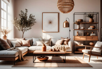 Living room interior in boho eco style with decorative elements and wonderful view