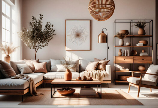 Living room interior in boho eco style with decorative elements and wonderful view