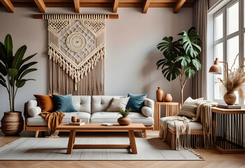 Living room interior in boho eco style with decorative elements and wonderful view