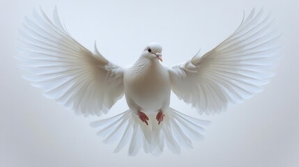 Fototapeta premium elegant white dove in midflight against a pure white background graceful wing position soft feather details and serene expression captured in highkey photography