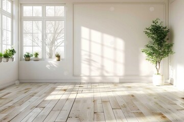 Fototapeta premium A plant in a pot is placed on the floor in a cozy room